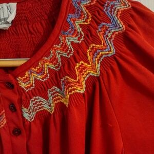 Vintage Burgundy Hippy Shirt with multi-colored stitching, Sharon, Size Medium